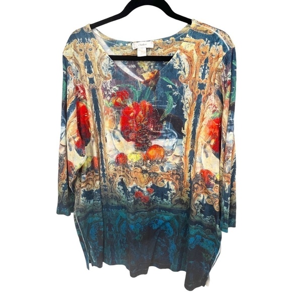 CJ Banks Plus Size Floral Tye Dye Embellished Stretch Ribbed Tunic Size 2X - Picture 1 of 5
